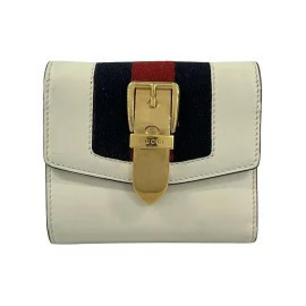Gucci Sylvie Tri fold Wallet Ivory White x Dark Navy Blue Red Leather